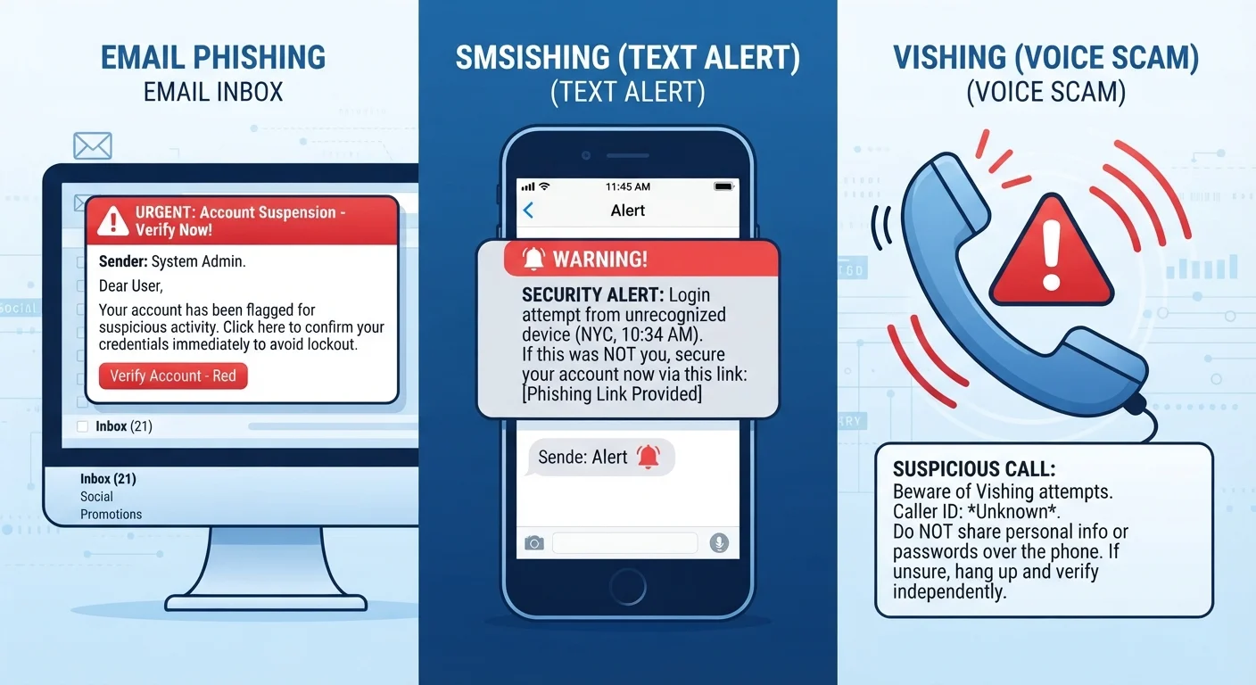 Phishing, Smishing, and Vishing: The Same Scam, Three Different Doors